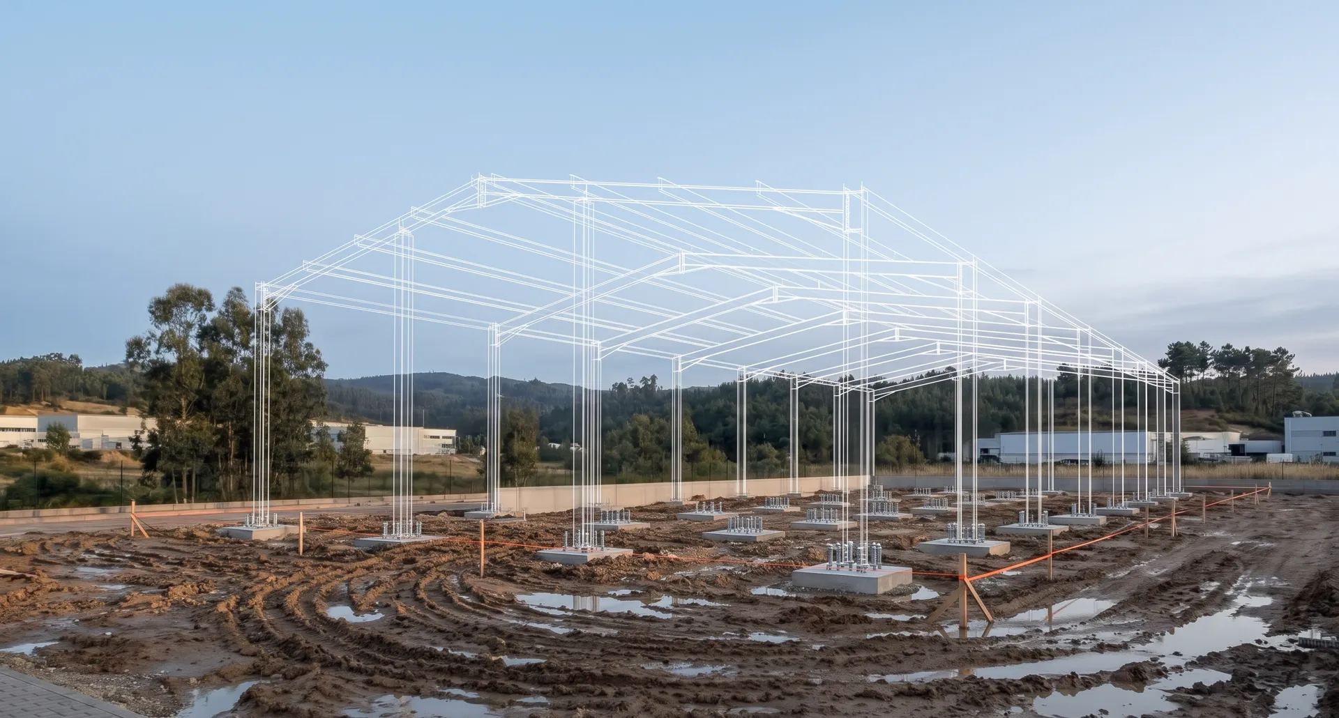 Terreno preparado com as fundações de betão do pavilhão